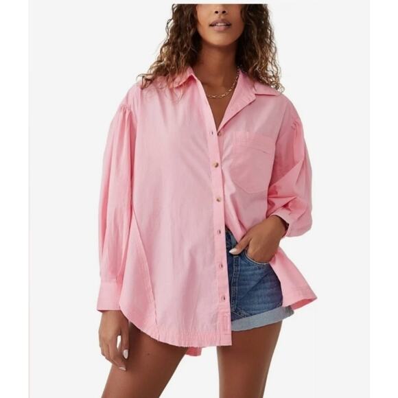 WE THE FREE by FREE PEOPLE HAPPY HOUR SOLID POPLIN SHIRT SZ SMALL OVERSIZED - Picture 1 of 9
